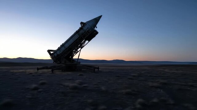 Old missile on launch pad with sunrise over desolate landscape background, technology, space, weapon, travel.
