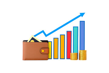Wallet with money and growth chart isolated on transparent background