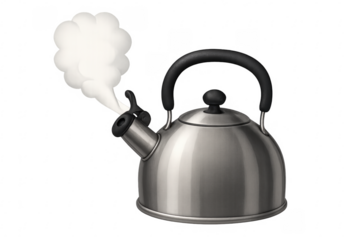 Stainless steel tea kettle releasing hot steam