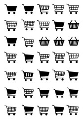 A collection of thirty-five black shopping cart and basket icons arranged in a grid.