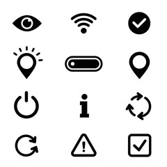 A grid of black and white vector icons representing various user interface and system functions like visibility, Wi-Fi, location, power, information, and warnings.