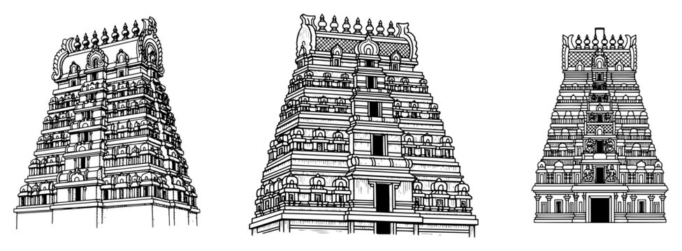 hindu temple set vector illustration in detailed monochrome architectural outline design