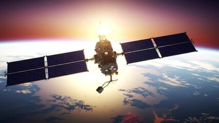 A solar-powered satellite with expansive solar panels orbits Earth against a vibrant sunrise, showcasing technological advancement in space exploration.