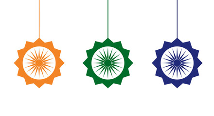 Three hanging decorative ornaments in orange, green, and blue, featuring a central chakra-like design, symbolizing Indian national colors.