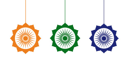 Three hanging ornaments in the colors of the Indian flag, each with a central wheel design.