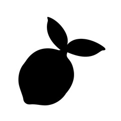 Black silhouette of a fresh and ripe lemon with leaves on white background
