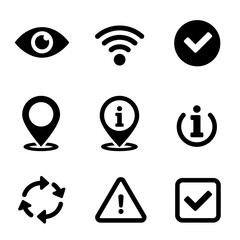 A collection of nine essential black and white icons for web and user interface design.
