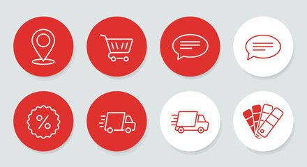 A collection of modern line icons for e-commerce and online shopping on red and white circular backgrounds.