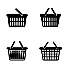 Four black shopping basket icons with handles, arranged in a two-by-two grid.