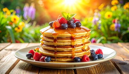 Golden stack of delicious pancakes with fresh berries and syrup on a sunny morning