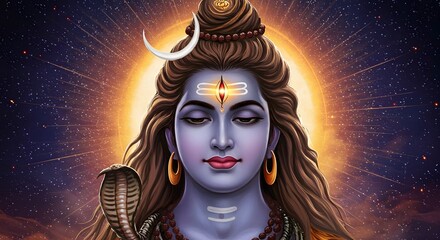 A serene depiction of a powerful spiritual deity, featuring a meditating figure with a third eye and traditional symbols, radiating peace and divine energy