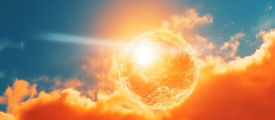 dramatic sunset sky, sun bursting through clouds, vibrant orange and yellow hues, fluffy cumulus clouds, warm lighting, ethereal atmosphere, epic landscape, dramatic lighting, highly detailed, cinemat