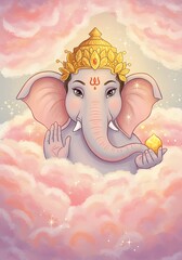 Charming and serene portrayal of the Hindu deity Ganesha, the god of wisdom, emerging from soft pink celestial clouds
