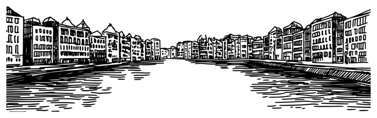 Old European Canal City Panoramic Sketch