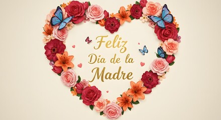 Happy Mother's Day floral heart with butterflies and text in Spanish