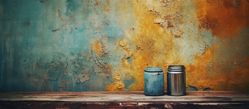oil painting, vintage, retro, two cans on a wooden surface, abstract background, warm colors, textured surface, cinematic lighting, dramatic mood, moody atmosphere