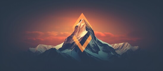mountainous landscape, snow-capped peaks, dramatic sky with orange and purple clouds, abstract geometric shapes overlaying the mountains, mystical, dreamlike atmosphere, digital art, highly detailed, 