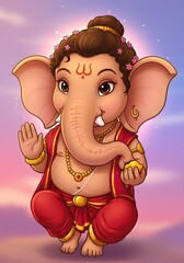 Adorable depiction of Hindu deity Lord Ganesha as a child, adorned in traditional Indian attire, radiating divine charm