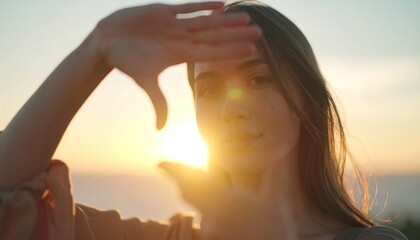 Woman silhouettes the sun with her hands at sunset, creating a warm, golden glow