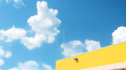 detailed, photorealistic, beautiful blue sky with white fluffy clouds, bright yellow abstract shape or form in the foreground, vibrant colors, dreamlike, whimsical, detailed textures, 8k, highly detai