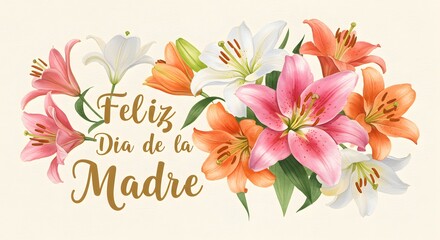 Feliz Día de la Madre Floral Greeting Card with Lilies and Decorative Lettering
