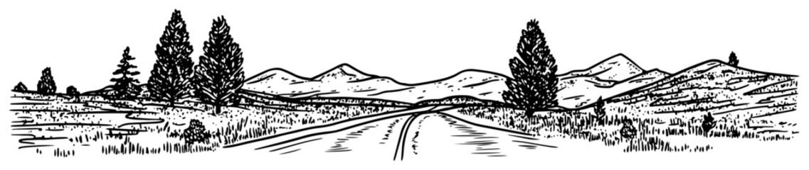 Obraz premium Mountain Road Trip Landscape with Pine Trees Black Shape Vector Laser Cutting Engraving Monochrome Print