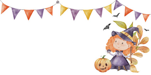 Watercolor halloween frame with a cute little witch holding a broom, festive bunting on top, pumpkin and autumn leaves beside her, bats flying around, isolated on white background, perfect for