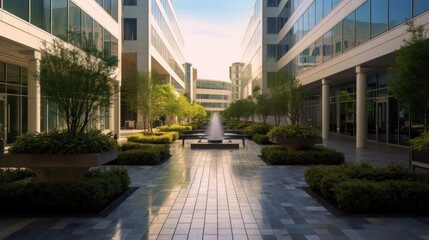 modern, minimalist architecture, glass building, tiled path, landscaped courtyard, architectural photography, symmetry, leading lines, vanishing point, warm lighting, tranquil atmosphere, urban settin
