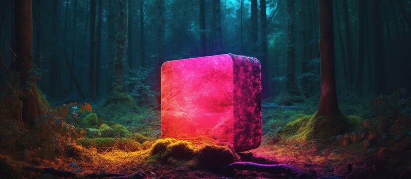 a large glowing pink cube floating in a dark, mystical forest with dense trees, moody blue-green lighting, soft warm lighting on the cube, fantasy, digital art
