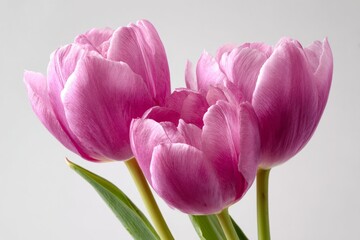 Fototapeta premium Pink tulips in full bloom against a neutral background create a vibrant display of nature's beauty