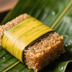 4k high quality Ai generative HD photo realistic fresh baked homemade steamed nasi rice lemper putih daun pisang banana leaf lipat beras ketan Indonesia Traditional wrap closeup texture merah bakcang 