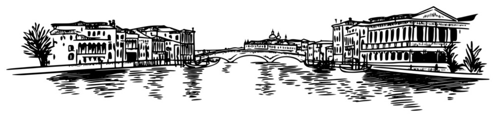European Riverside Cityscape Panorama Line Art