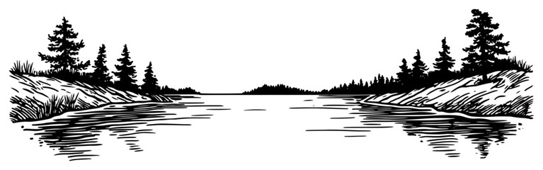 Forest Lake Shoreline Hand Drawn
