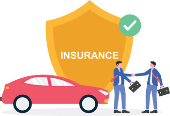 Obraz premium Flat car insurance coverage protection contract document with shield or auto vehicle guarantee assurance legal doc policy concept.