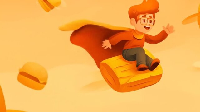 Boy riding log cartoon