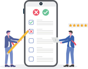 People filling in form or answering questions concept with people characters.

