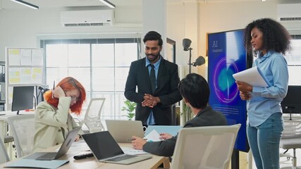 Multiethnic business professionals collaborate in modern office using AI virtual assistant and big data analytics to connect insights, driving strategic innovation through intelligent automation - Powered by Adobe