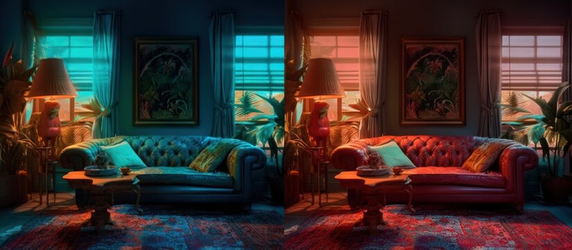 futuristic interior, neon lighting, retro sci-fi atmosphere, moody lighting, vibrant colors, complex patterns, retro-futuristic design, vintage furniture, rich textures, dramatic mood, cinematic light