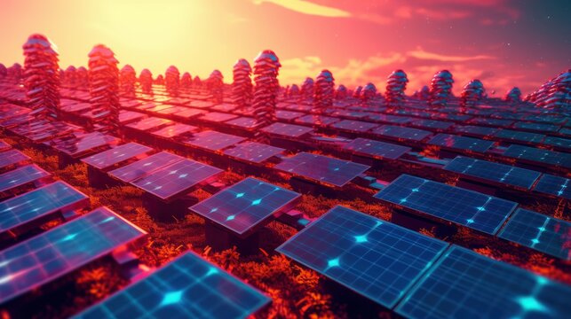 cityscape, futuristic cityscape, modern architecture, solar panels, solar cells, renewable energy, red sky, sunset, dramatic lighting, digital art, photorealistic
