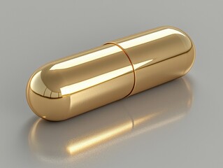 A highly polished, golden-yellow capsule,  lying diagonally on a neutral gray surface,  reflecting the light