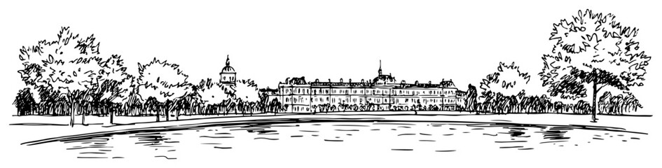 European Palace by Lakeside Panoramic Engraving