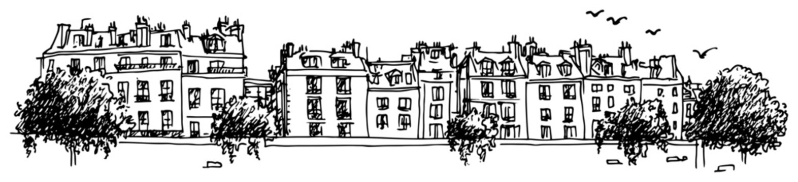 Parisian Haussmann Street Facades Panoramic Illustration