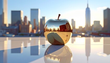 A shiny, metallic apple with a mirror-like surface reflecting a cityscape distorted by liquid ripples, placed on a reflective white table