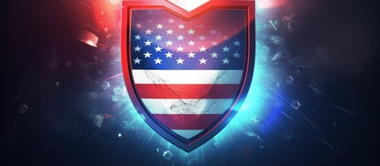 3D render, shield-shaped emblem, American flag design, glowing red white and blue metallic texture, dramatic lighting, futuristic digital background, radiant energy effects, cinematic scene, high reso