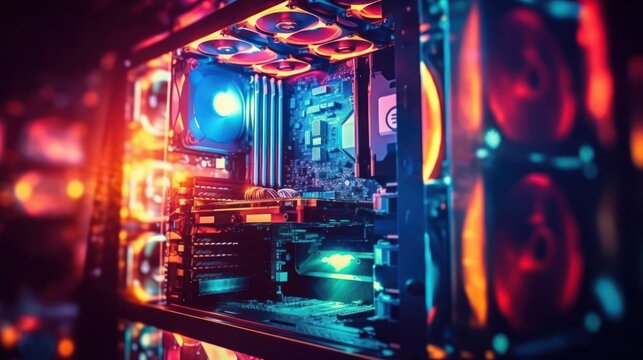 intricate, neon-soaked, futuristic interior, glowing cyberpunk environment, high-tech machinery, digital display panels, holographic projections, industrial aesthetic, vibrant color palette, dramatic 