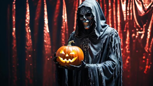 A towering grim reaper in a ragged, dark hooded cloak with silver trim and glowing red eyes clutches a carved, luminous pumpkin with a wicked grin, set against a vivid red foil backdrop