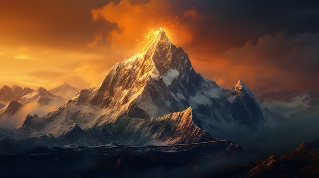 mountainous landscape, snow-capped peak, dramatic sky, fiery sunset, majestic mountains, awe-inspiring scenery, dramatic lighting, atmospheric clouds, serene wilderness, picturesque vista, natural bea