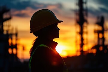 Silhouette Person Hard Hat Industrial Sunset Background