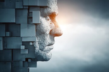 Fragmented 3D head with geometric blocks. Artistic metaphor for cognitive exploration and emotional intelligence development.