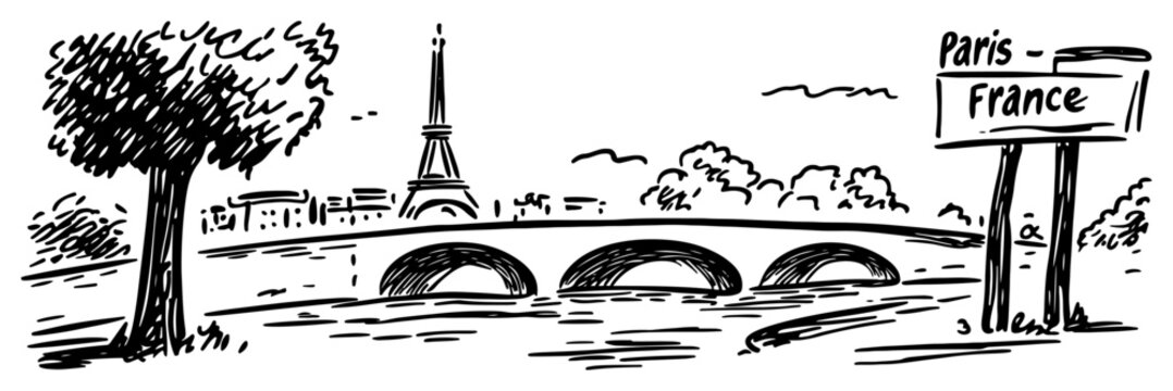 Paris France Eiffel Tower and Seine River Bridge Hand Drawn Vector
